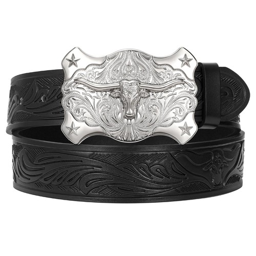 Men Western Leather Belt Cowboy Buckle Belt Floral Embossed Tooled Country Belt - Bild 8 von 10