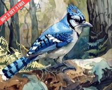 Blue Jay in Forest Watercolor 8x10 Print