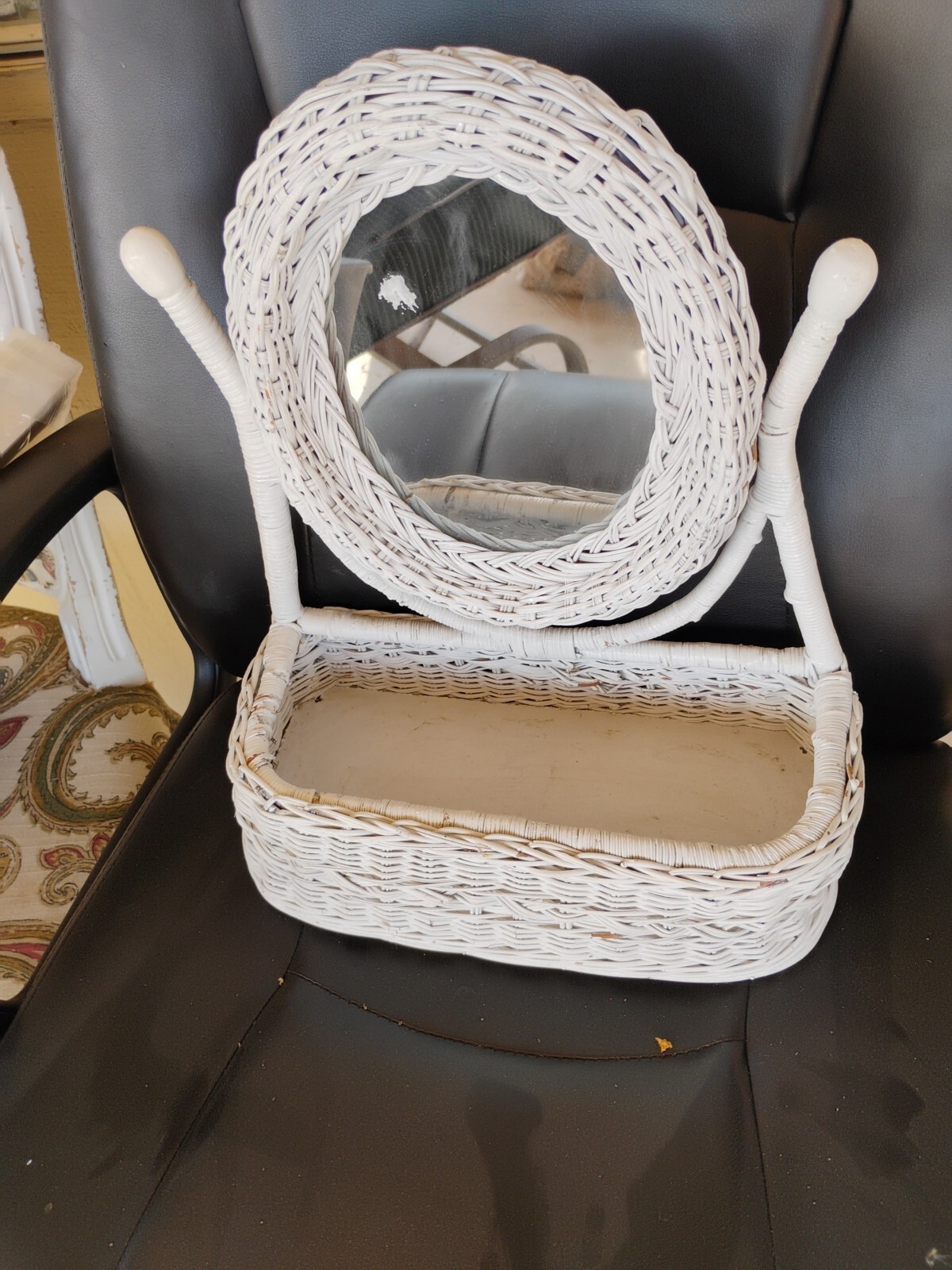 Espejo tocador de mimbre blanco con estante tejido a mano estante de mesa con espejo vintage