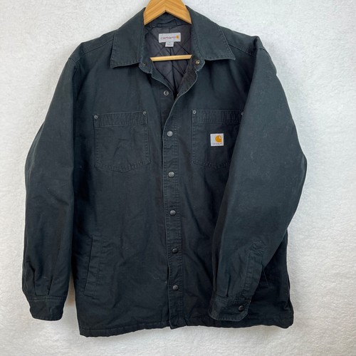 Carhartt Mens M Black Quilt Lined Shirt Jacket Workwear Trucker Snap Closure EUC