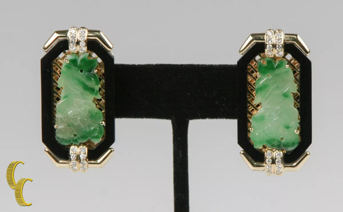 Imperial Jade with Onyx Border Diamond Accents 18k Yellow Gold