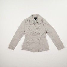 H&M Damen Jacke Gr. 38 hellgrau Jeansjacke Langarm Schrägtaschen zweireihig Baum