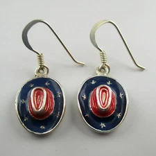 COWBOY HAT Earrings AMERICANA Red Blue STERLING SILVER Rodeo Jewelry PATRIOTIC