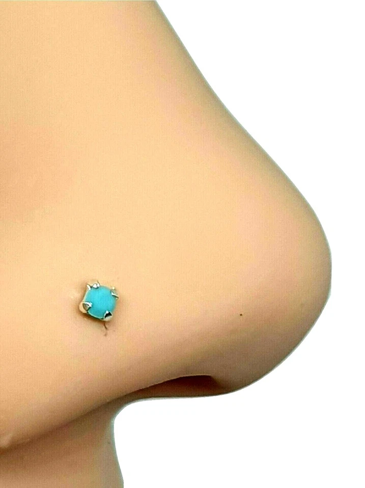 Borchia naso turchese argento 925 piccolo 2 mm quadrato zirconi 22 g (0,6 mm)... - Immagine 2 di 4