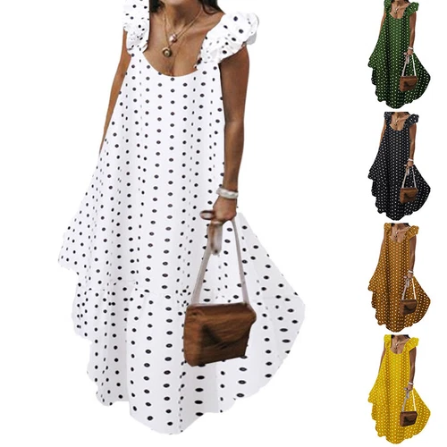 Abito lungo donna smanicato prendisole donna bohemien a pois maxi dress - Foto 2 di 18