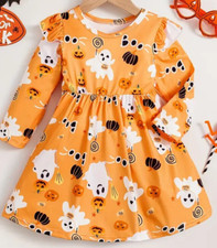 Halloween Ghost  Pumpkin Print Flutter Trim Dress for Girls Soft Size 5-6 Yrs.