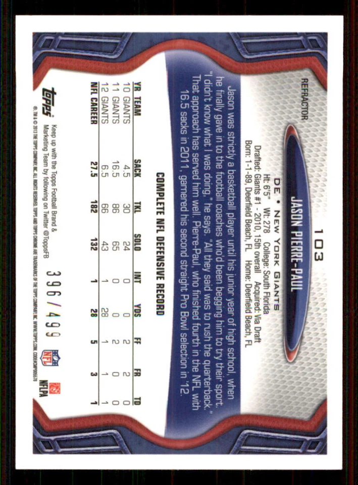 2013 Topps Chrome Camo Refractors #103 Jason Pierre-Paul /499 - Image 2 of 2