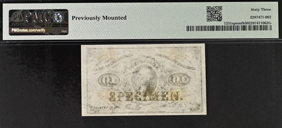 U.S. 1864-69 10 CENTS FRACTIONAL CURRENCY FR-1251 SPNMF PMG 63 rare Specimen - Image 2 of 2