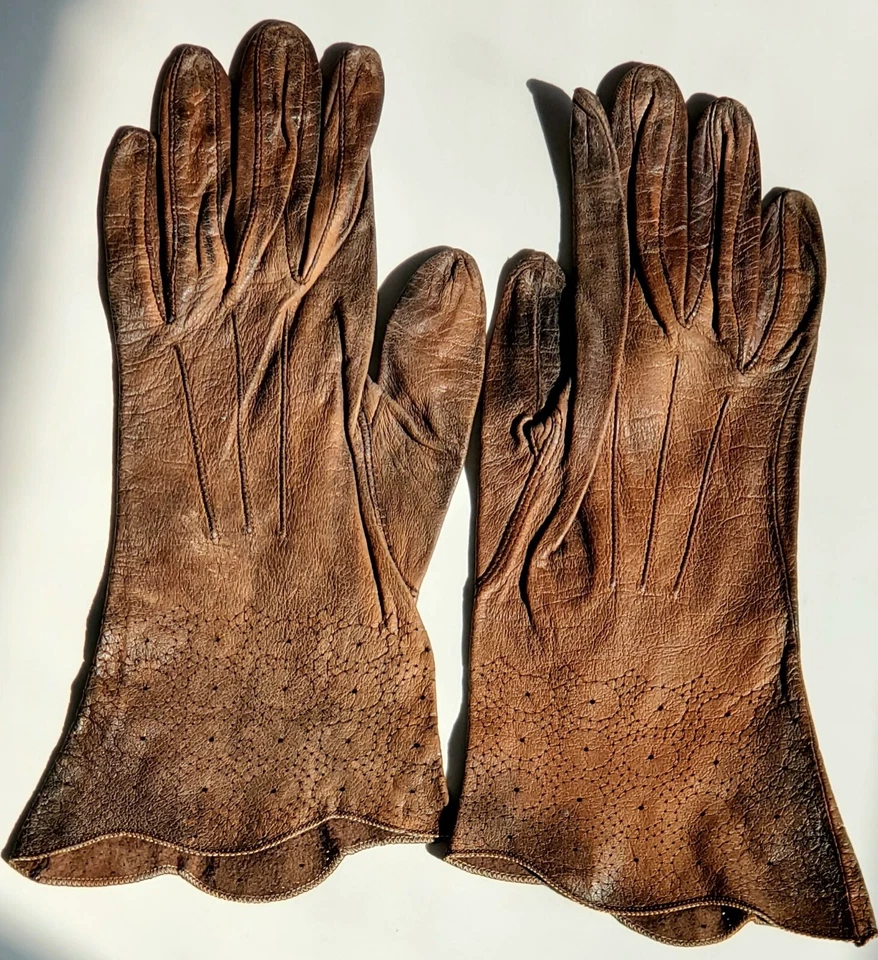 Lote De Colección 3 Pares Guantes Cuero Marrón, Rosa Largo, Red de Pelo Floral, Ligas Foto 4 de 4