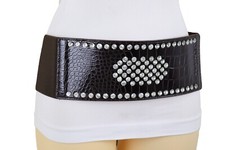Women Dark Brown Faux Leather Elastic Wide Band Belt Hip Waist Silver Shield M L