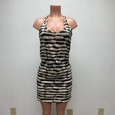 Aqua Womens Tan Black Stripes Sleeveless Scoop Neck Elastic Waist Mini Dress S