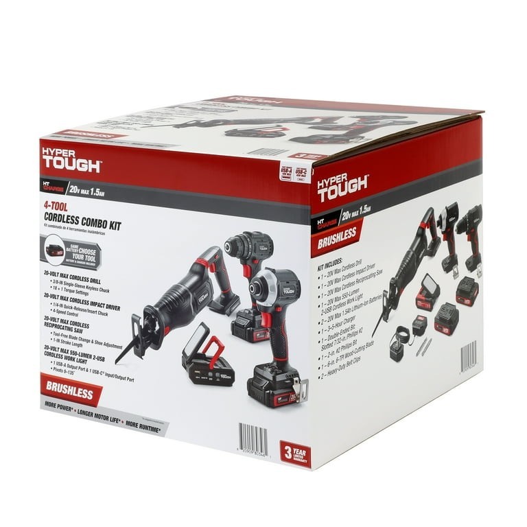 Hyper Tough 20V 4-Tool Cordless Combo Kit: Drill, Driver, Sa