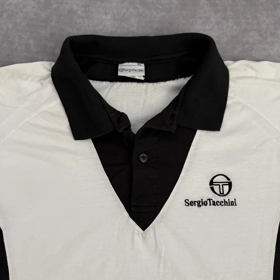 Camisa Polo De Colección Sergio Tacchini Para Hombres XL Negra Blanca Tenis Logo Bordado Foto 2 de 4