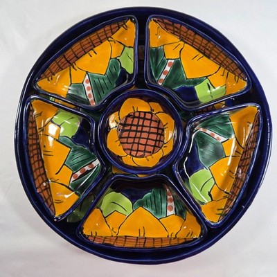 Mexican Hand Painted Talavera Pottery Taco Snack Serving Tray Sunflowers 7 Piece