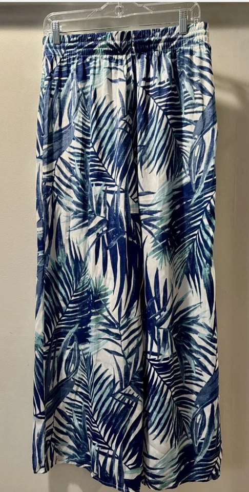 NWT C&C California Wide Leg Pant Sz M Blue Tropical  Leaf Print Tasseled Pull On - Image 3 of 4