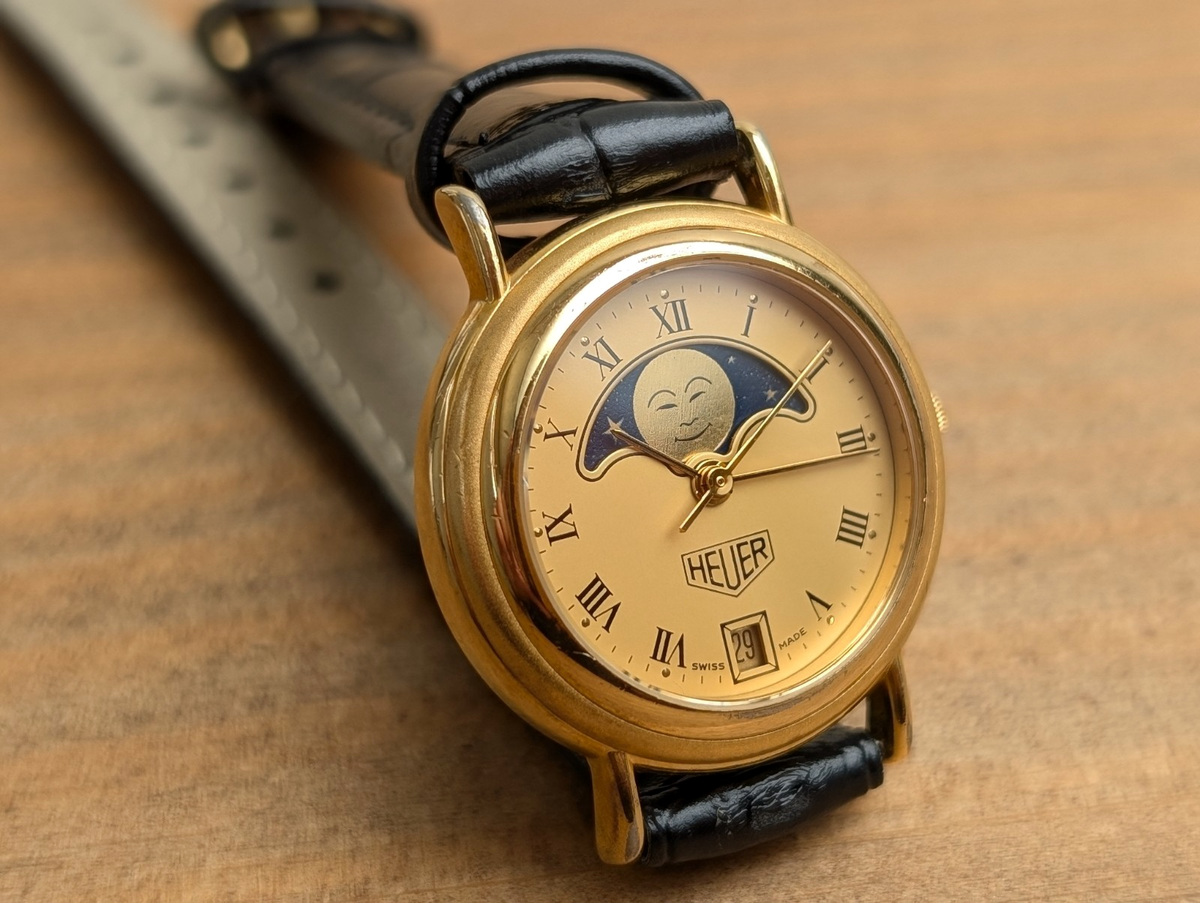 Heuer HL200G Moon Phase Gold Dial Quartz Women Watch Vintage 26mm