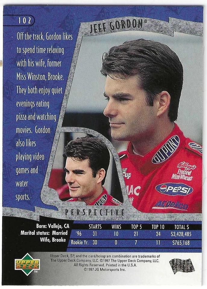1997 NASCAR JEFF GORDON UPPER DECK SP 2 FLAG CARD # 102 - Image 2 of 2