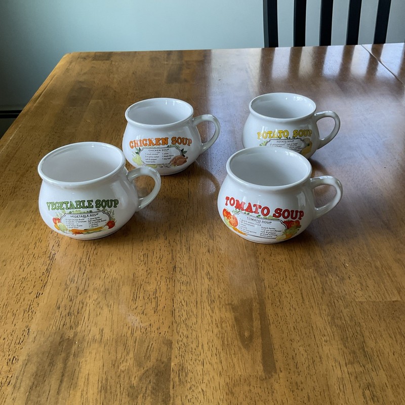 VINTAGE Soup Recipe Ceramic Mug Set 4 Cups Bowls Vegetable Tomato Chicken Potato