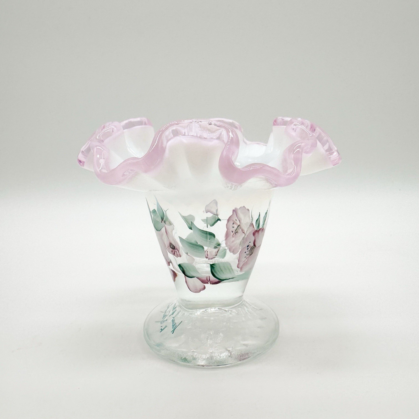 Fenton Pink Crest Ruffle 4” Glass Vase Opaline Optic Hand Painted Signed Floral