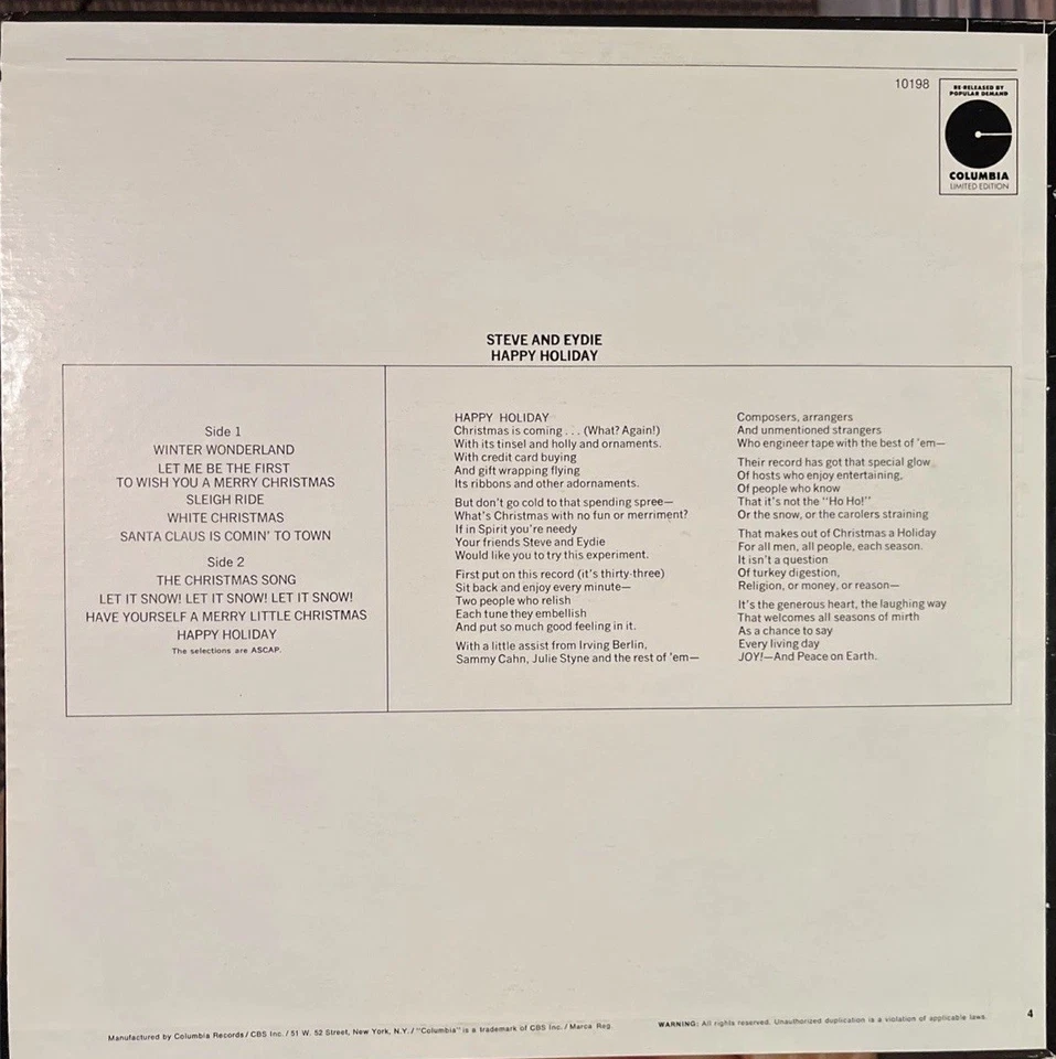 Christmas Vinyl LP•Steve & Eydie•”Happy Holiday” Inc Title Track & “Sleigh Ride” - Image 2 of 2