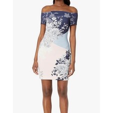Guess Multi-printed Scuba Dress 8 Off-Shoulder Lined Stretch Floral Navy Peach