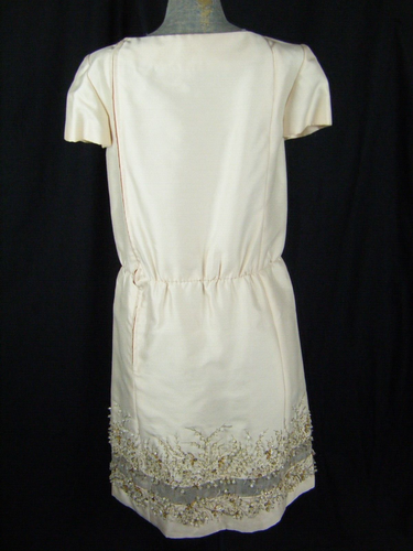 Vtg 60s Beige Shantung Silk Heavy Beaded Sheath Party Dress-Bust 37/XS-S - Picture 4 of 12