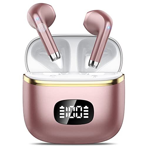 Wireless Earbuds Bluetooth Headphones 5.3 Bass Stereo Earphones, 40H Rose Gold-image