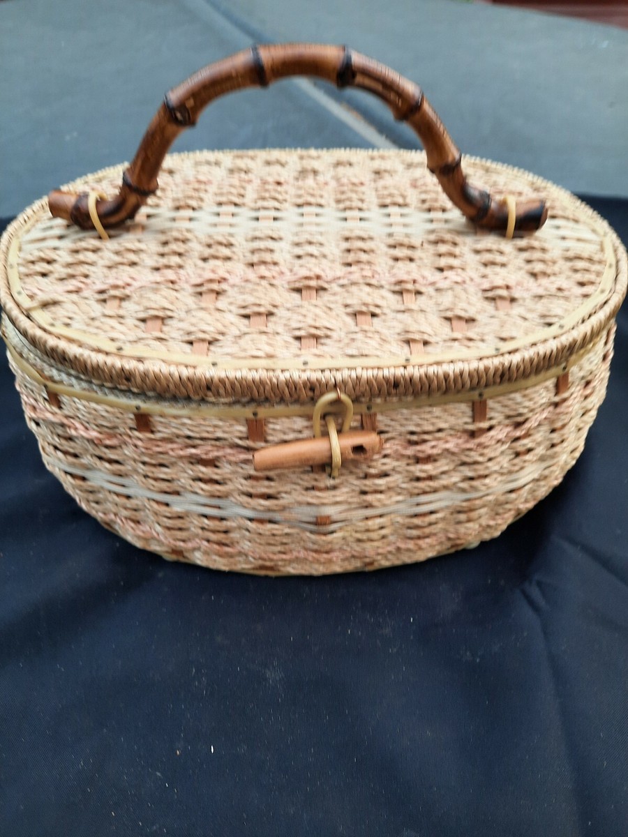 Vintage Woven Wicker Round Sewing Basket w/ Hinged Lid