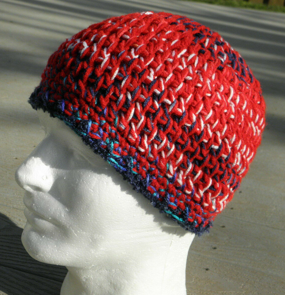 Vibrant Red/Blue/White Crocheted Medium Beanie - Handmade by  display picture 2