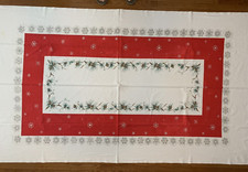 Christmas Tablecloth 106 x 58 Pine Cones Snow Flakes Red White