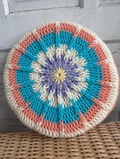 Vintage 70's Round Groovy Crochet Accent Pillow 12" Pastels