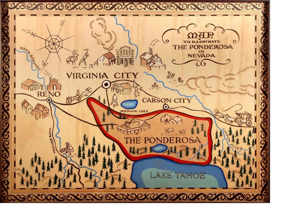BONANZA THE PONDEROSA RANCH MAP POSTER CARTWRIGHTS WESTERN LAKE TAHOE NEVADA
