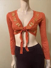 Women’s Orange Rayon Casual Stretch Slim Short Beaded Embroidery Size M/L Bolero
