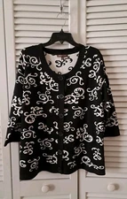 Adrienne Vittadini Women's 1X  Cardigan Sweater Black & White Print 3/4 Sleeve 