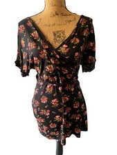 New Boho Black Floral Dress Tie Waist Deep Neckline sz 8