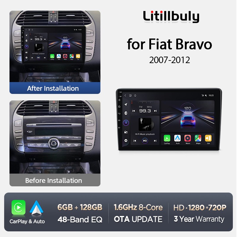 Radio de coche DAB+ 6+128GB Android 14 Bluetooth Carplay RDS para Fiat Bravo 2007-2012
