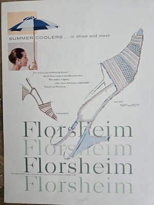 1956 Women's Florsheim summer cooler straw and mesh shoes Vintage Fashion Art ad