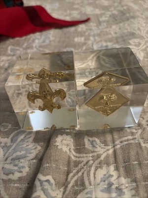 Vtg Cub Boy Scout Emblem Encased in 2'' Acrylic Cube Scouts Paperweight BSA  