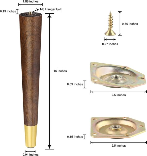 Luxury Modern 16 Inch Wooden Legs with Brass Base - Ideal for Furniture Upgrade - Picture 5 of 9