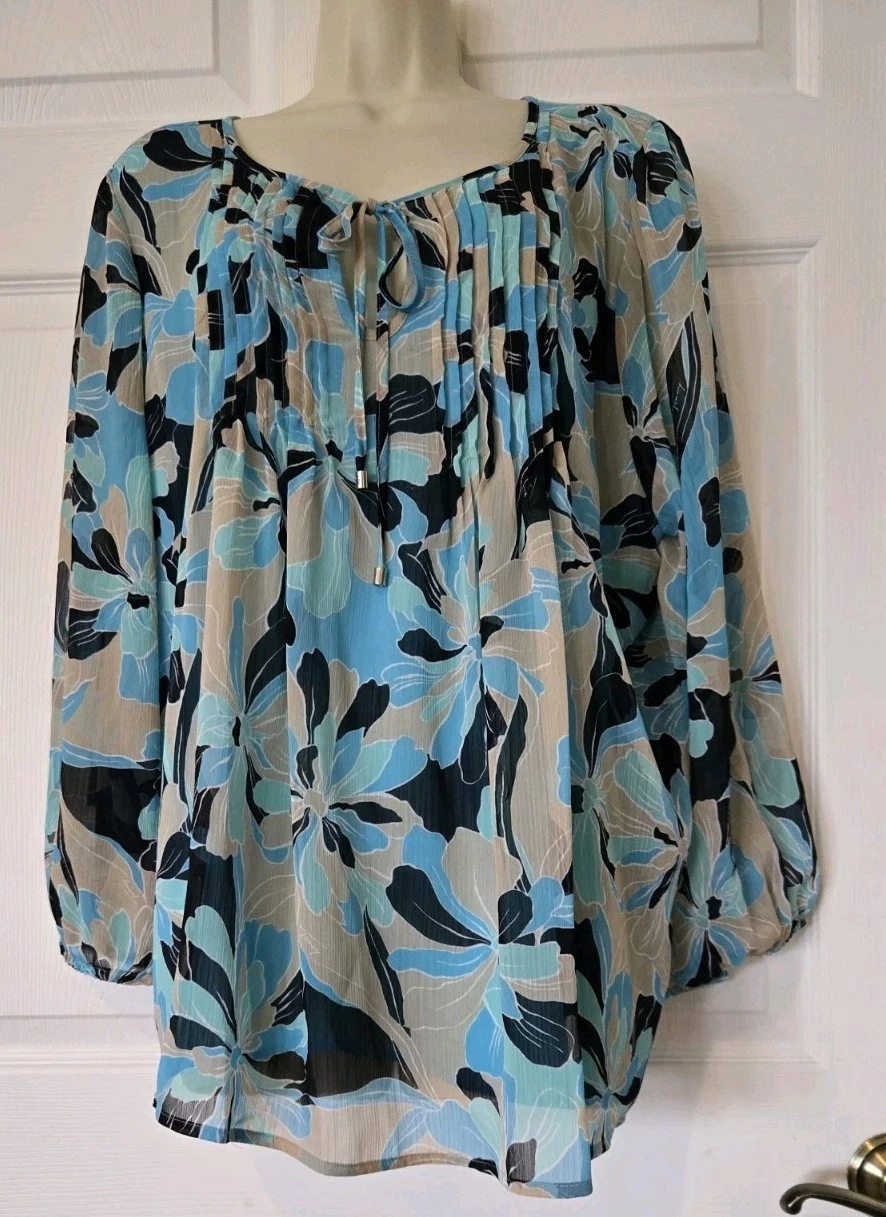 Tommy Hilfiger Lined Aqua Blue Floral Pintuck Tie Neck Pullover Top Sz XXL NWT