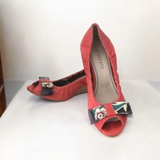 STACCATO Red Leather Open Peep Toe Wedge Shoes Pumps with Bow 5 EU 38
