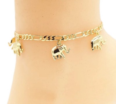 10 Inch 14K Gold Plated Anklet with Elephant Charms