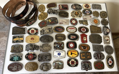 60 Vintage Fire Truck Firemen Belt Buckles 70’s 80’s Huge Collection + 2 Belts