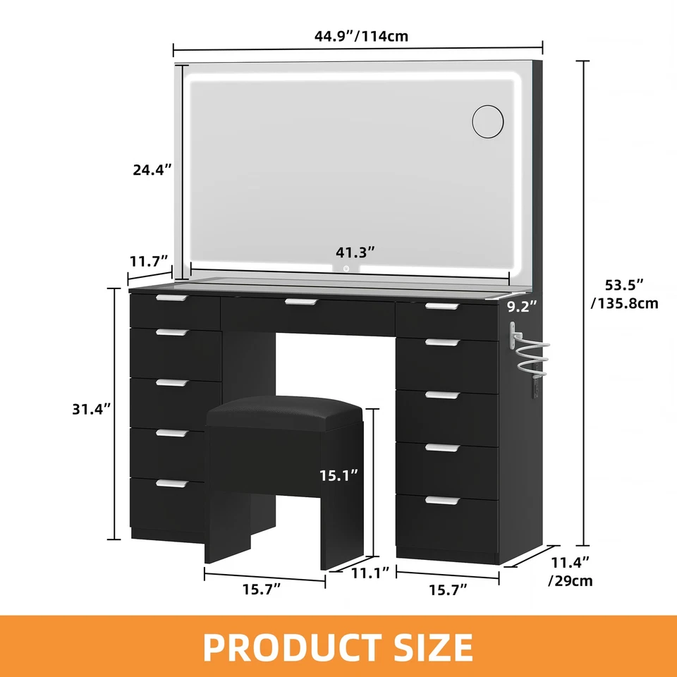 Okcora Juego de Escritorio Tocador con Espejo Grande Iluminado LED con 11 Cajones para Dormitorio Foto 2 de 4