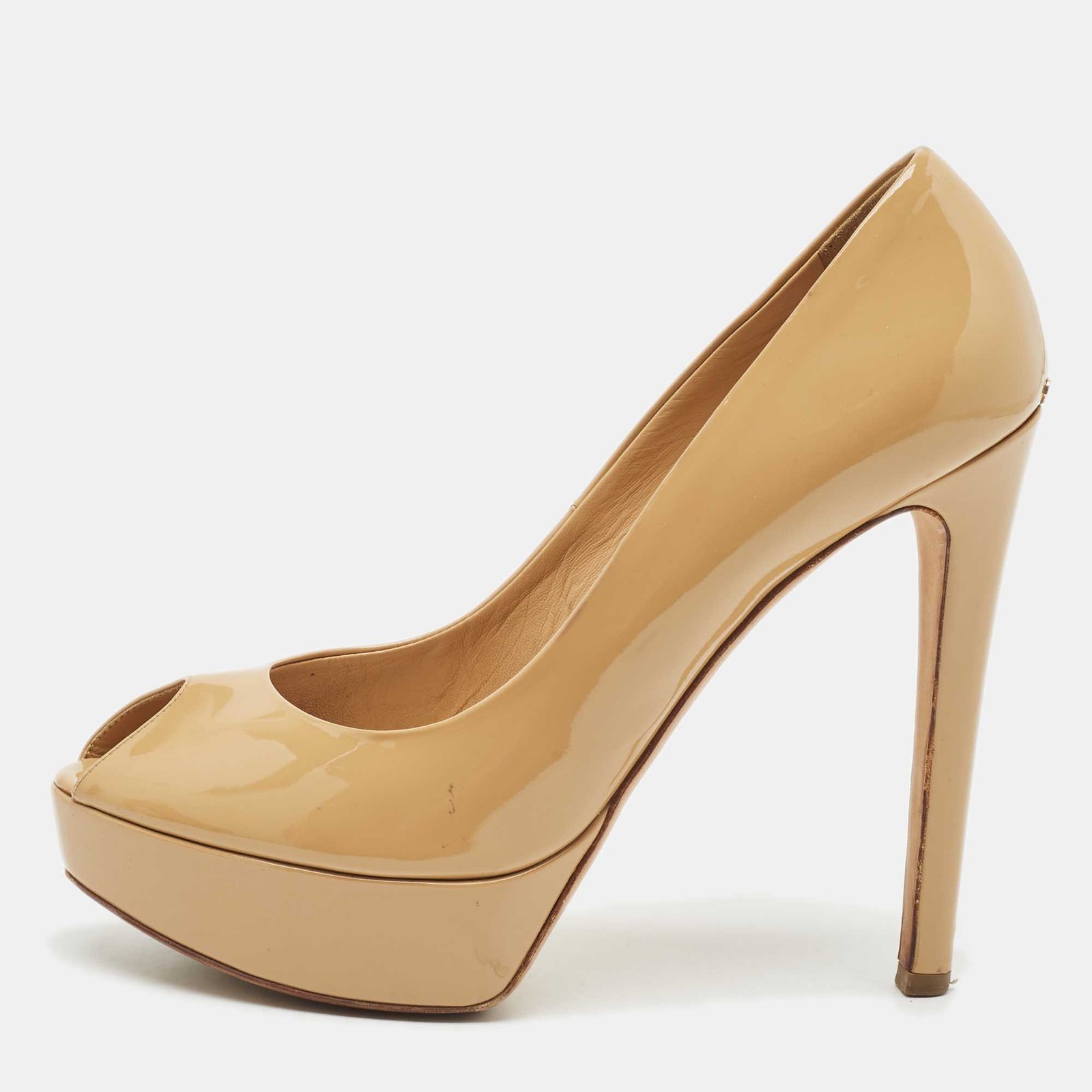 Dior Beige Patent Leather Peep Toe Platform Pumps Size 40