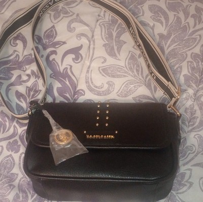 U.S. Polo Assn. Crossbody Bag Studded Flap Black Gold Hardware Logo Strap