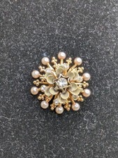 Vtg Enamel Faux Pearl Rhinestone 3D Flower Gold Tone Brooch