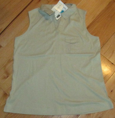 White Stag khaki tan knit cotton sleeveless top with linen collar NWT 16 W