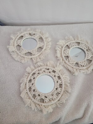 SET OF 3 HANDMADE BOHO WHITE CROCHET/MACRAME MIRROR WALL HANGINGS 