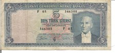 TURKEY, 5 LIRA, KEMAL ATATURK @ r, P#154a, L. 1930 (1952)